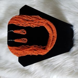 Orange Beaded Necklace and Earrings
